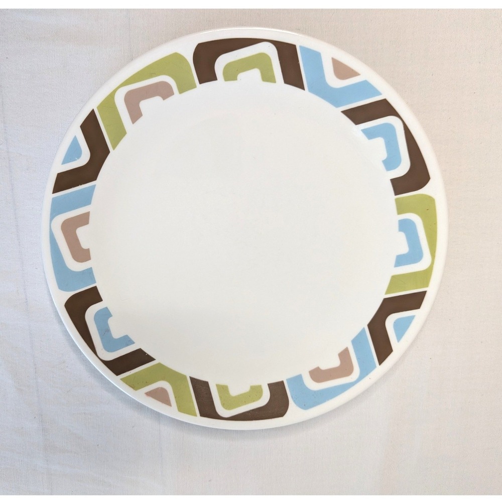 Corelle Squared Dinner Plate 10.25 in White Mod Brown Blue Green Retro